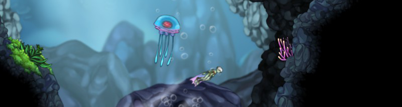 Una muller anfibia nada baixo unha enorme medusa multicor.